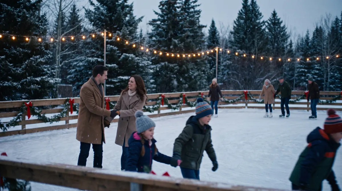 Families skating under garlands and warm string lights in the forest