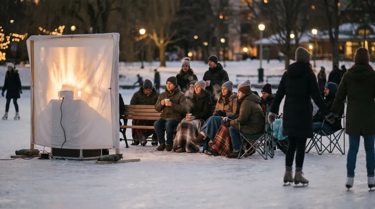 Skaters and families watching an outdoor movie screen glow at the rink edge