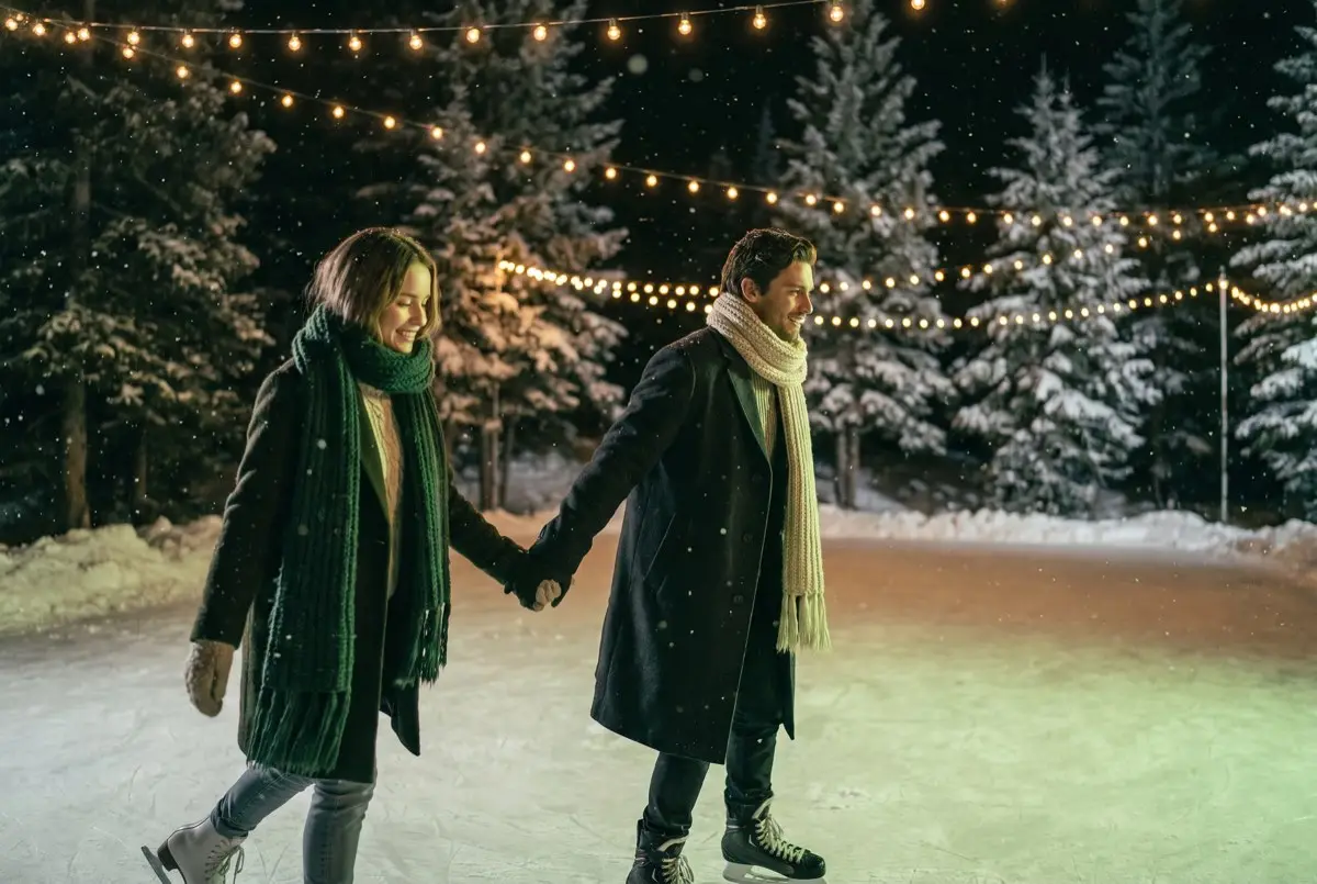 A couple skating hand in hand under string lights in gentle snowfall