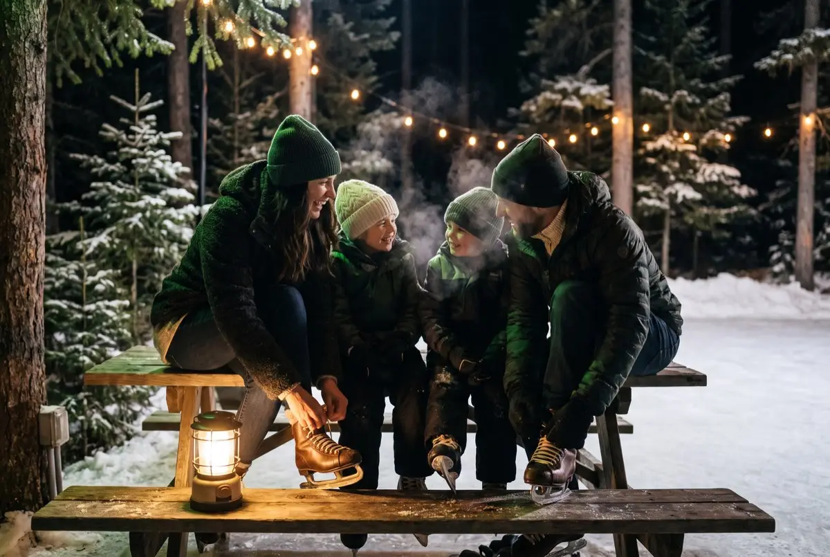 A family lacing up ice skates together on a wooden bench by lantern light