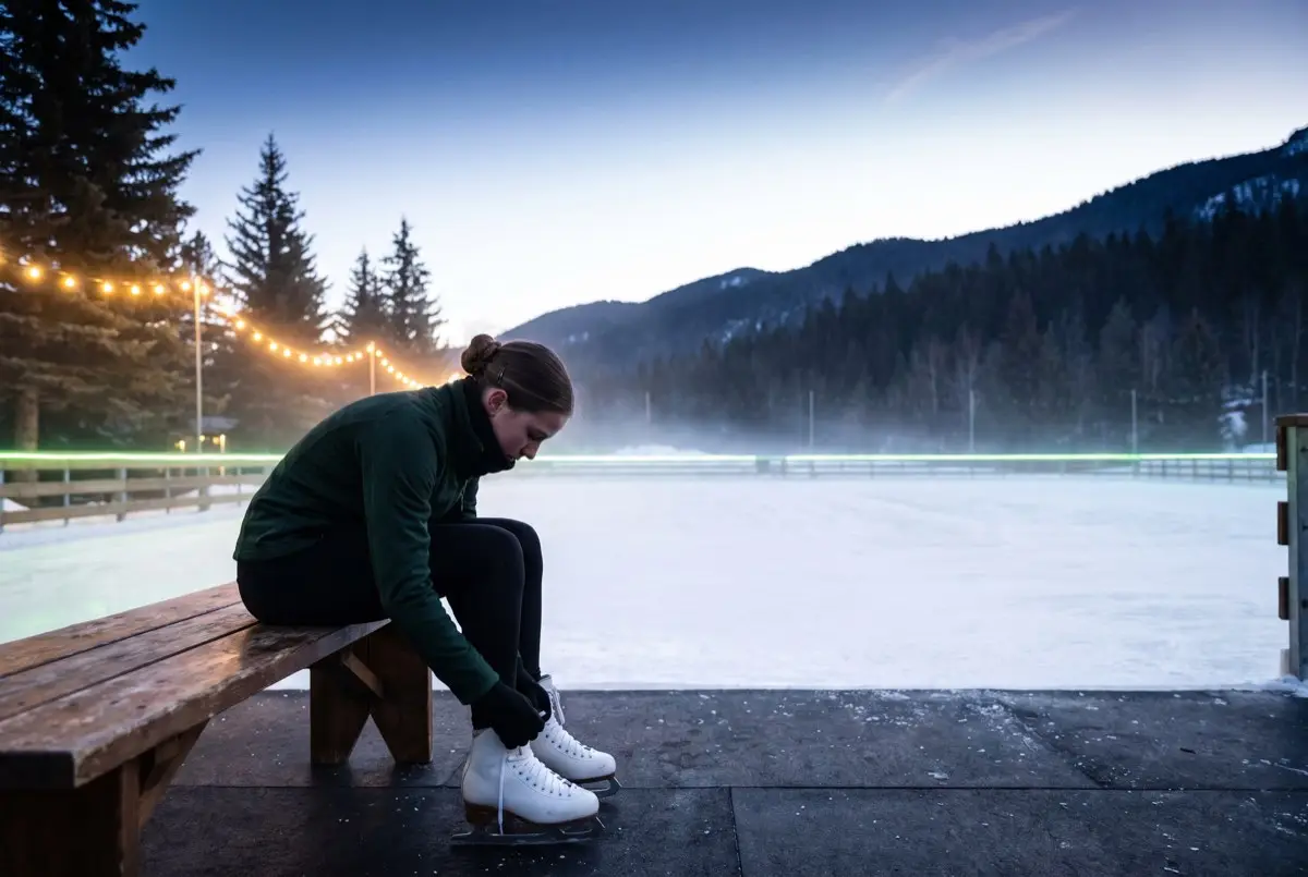 A figure skater lacing up at dawn beside pristine mountain ice
