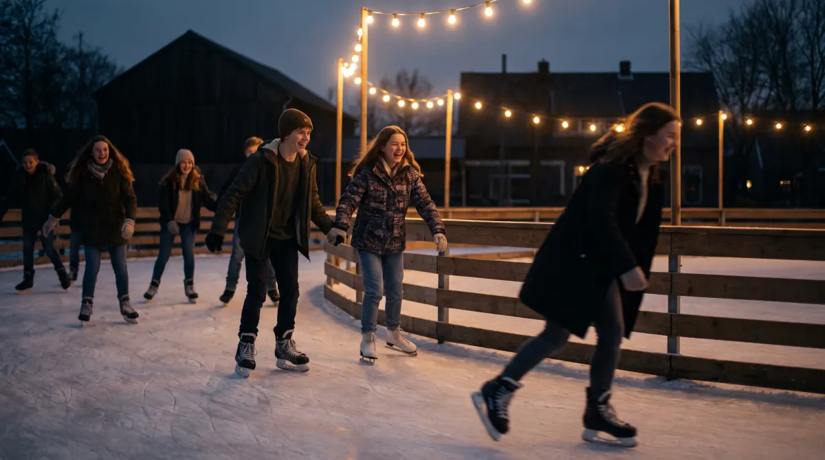A group of teen skaters crossing the rink together under string lights