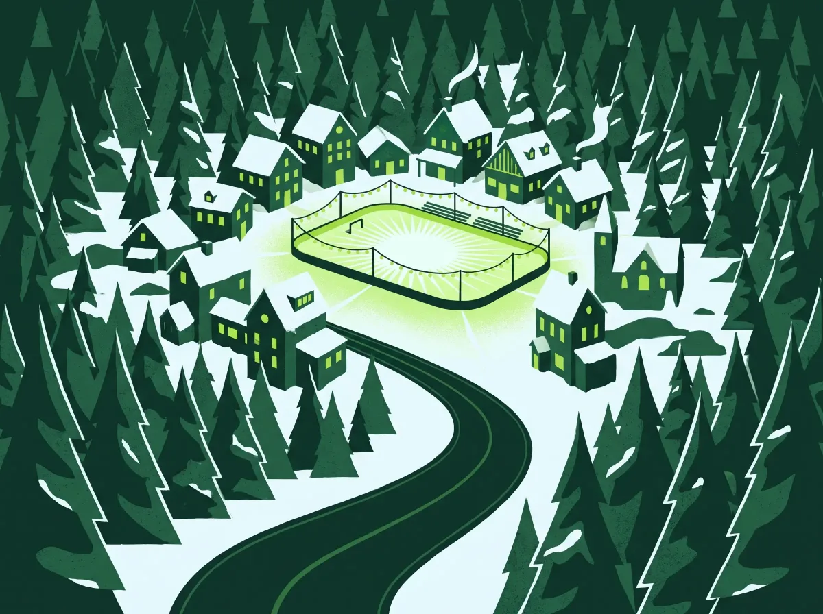 Illustrated night map of Cloudcroft village with the glowing ice rink at its center