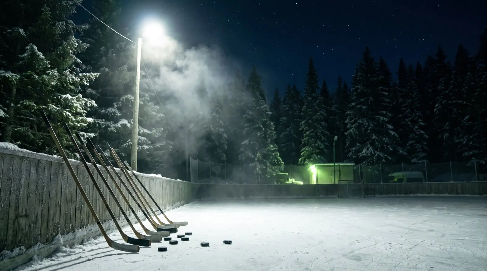 Hockey sticks and pucks lined up on the ice under the rink lights